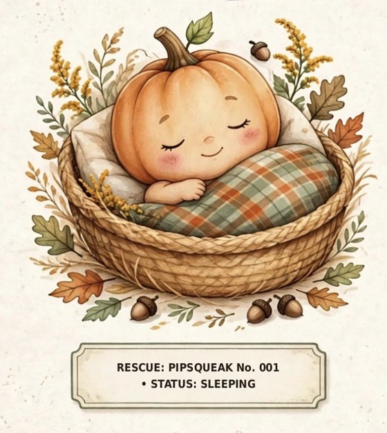 A sleeping Pipsqueak tucked into a basket under a plaid blanket. Its tag reads: Rescue Pipsqueak No. 001, Status: Sleeping.